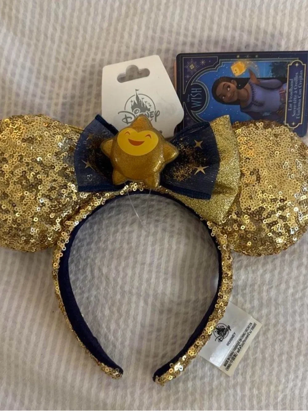 Disney Gold Sequin Ear Headband with Navy Bow and Star Accent